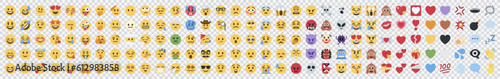Big set of yellow emoji. Funny emoticons faces with facial expressions. On transparent background.