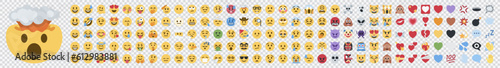 Big set of yellow emoji. Funny emoticons faces with facial expressions. On transparent background.