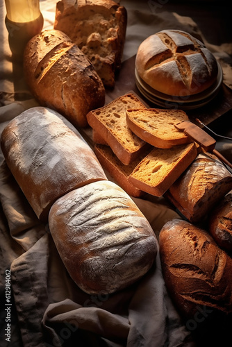 fresh baked organic bread at the window at bakery. Generative AI