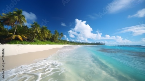 Tranquil beach haven, serene tropical beach, verdant tree line, and calm seascapes