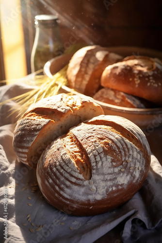 fresh baked organic bread at the window at bakery. Generative AI