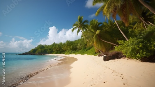 Palm tree paradise, stunning tropical beach, swaying palms, and palm-fringed shores © Ranya Art Studio