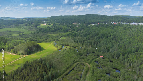 Aerial view of a pretty Canadian valley in Quebec in the Lanaudière region