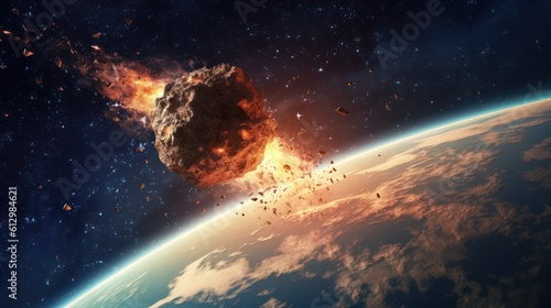 The asteroid flies at high speed near the earth's orbit. A meteorite is approaching Earth. fire is caused by passage through the upper atmosphere. Generative AI 