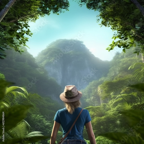 The back of a woman in summer clothes looking at jungle forests and waterfalls. AI generative