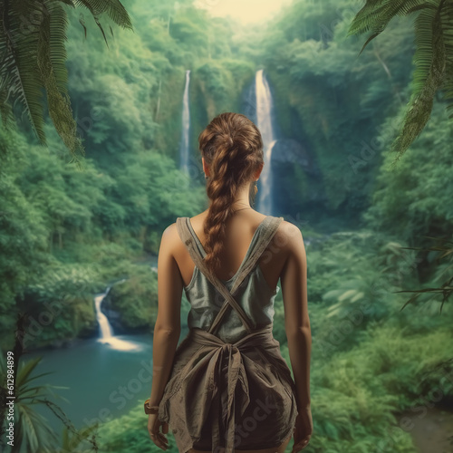 The back of a woman in summer clothes looking at jungle forests and waterfalls. AI generative
