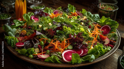 A platter of colorful and fresh salads, featuring a mix of greens, vegetables, and flavorful dressings