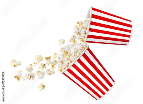 Two red striped paper cups with delicious popcorn, cut out