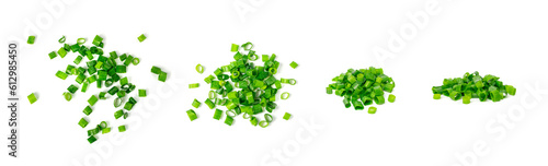 Green Onion Cuts Isolated, Scattered Fresh Chive Pile, Chopped Green Leek, Scallion Greens Pieces Chopped