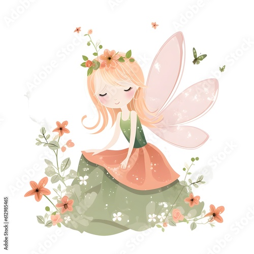 Enchanted garden whispers  vibrant clipart of cute fairies with colorful wings and serene flower adornments