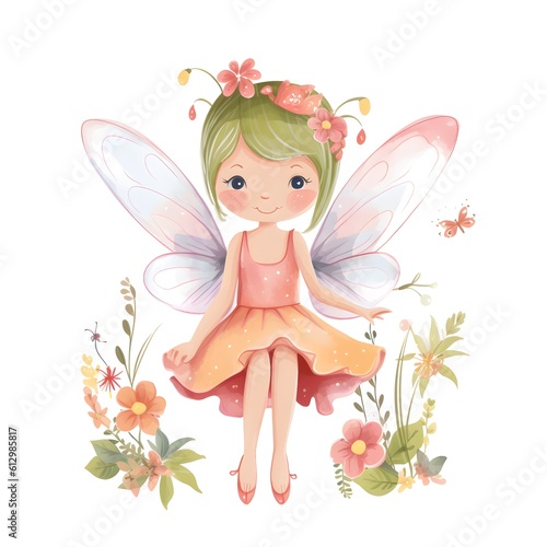 Enchanting floral symphony  vibrant clipart of cute fairies with enchanting wings and harmonious flower accents