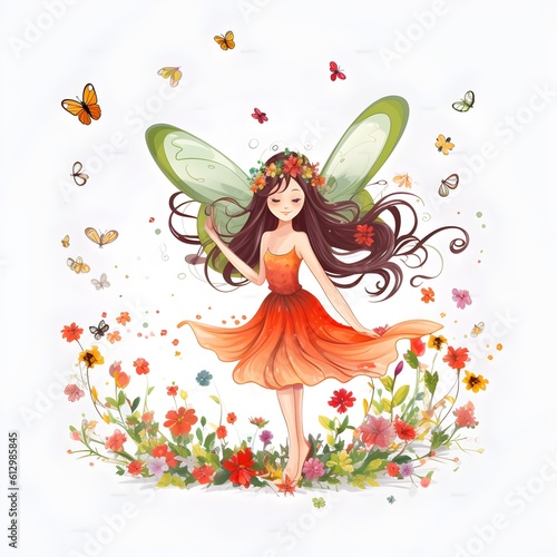 Enchanted meadow whispers, vibrant illustration of cute fairies with colorful wings and whimsical flower charms
