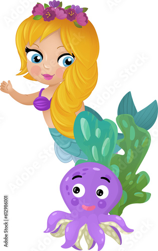 Fototapeta Naklejka Na Ścianę i Meble -  cartoon scene with mermaid princesss wimming near coral reef isolated illustration for children