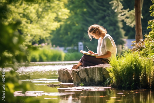Photo of a person journaling in a peaceful outdoor setting.