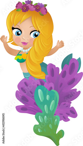 cartoon scene with mermaid princesss wimming near coral reef isolated illustration for children