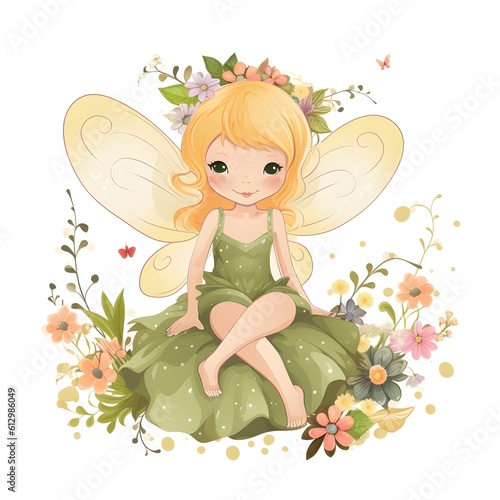 Fairyland fantasia, delightful illustration of colorful fairies with vibrant wings and whimsical flower adornments