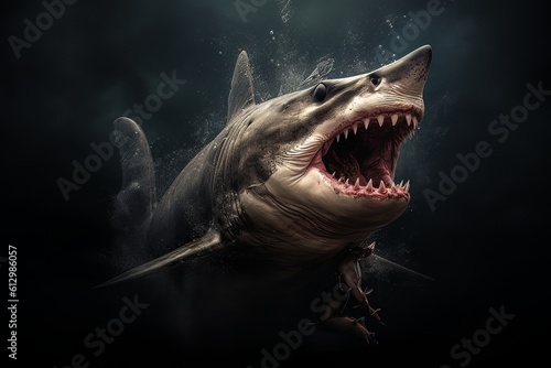 Model of a dangerous predatory white shark with open mouth underwater AI Generative AI