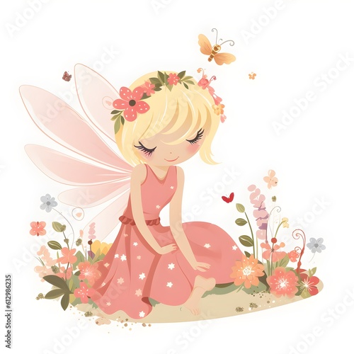 Whimsical fairyland serenade, adorable illustration of colorful fairies with playful wings and serenading flowers