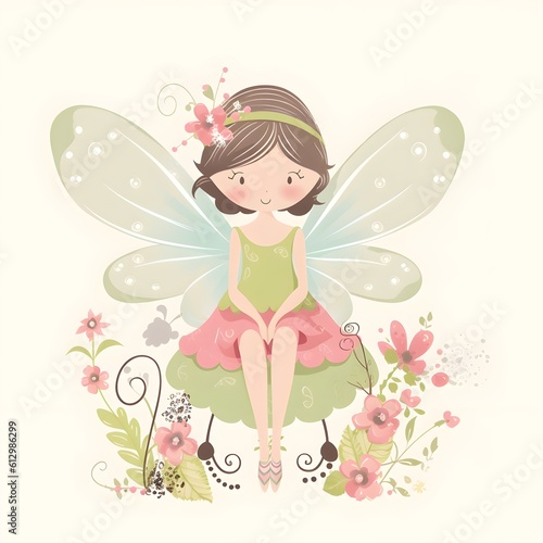 Whimsical garden enchantment, charming illustration of colorful fairies with whimsical wings and enchanting garden magic