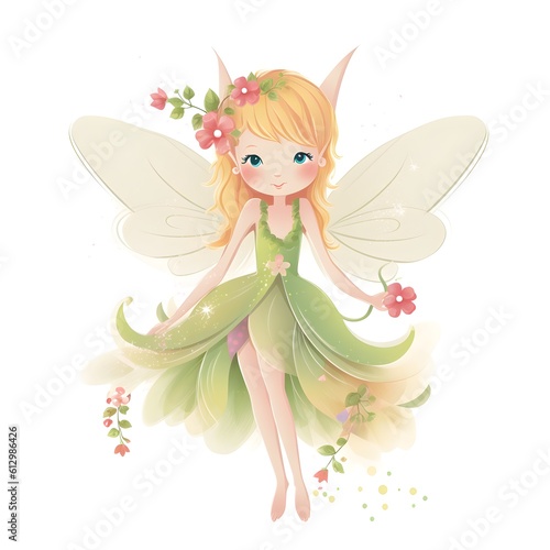 Floral fairy magic, vibrant illustration of a cute fairy with colorful wings and flower accents