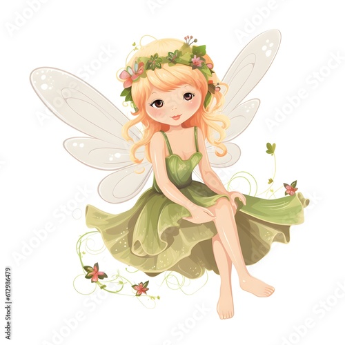 Enchanting blossom fairies, adorable illustration of colorful fairies with cute wings and blooming flower delights