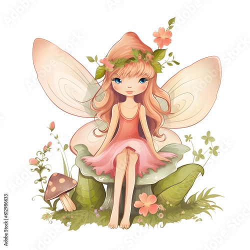 Whimsical floral haven, adorable illustration of colorful fairies with cute wings and haven of flower charms