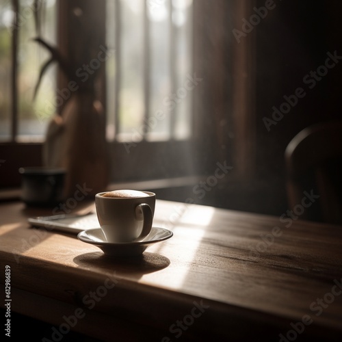 Coffee on Wooden Table with Natural Light