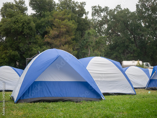 blue tents camping in the forest