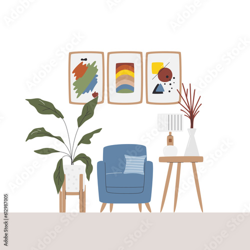 Relaxing and reading zone decorated with posters abstract art. Cute home interior scene with armchair and big houseplant. Cozy living room with home decor. Lounge hand drawn flat vector illustration