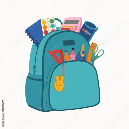 School backpack with stationery for schoolchildren. Bag with calculator, paints, markers, scissors, book, pencil case. Hand drawn vector illustration isolated on white background, flat cartoon style.
