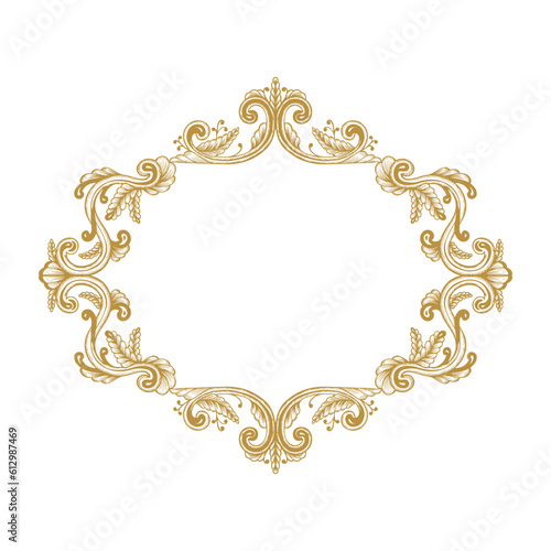 Hand Drawn Vintage damask ornamental elements for design. Baroque frame scroll ornament. Golden Elegant floral pattern border in antique style.
