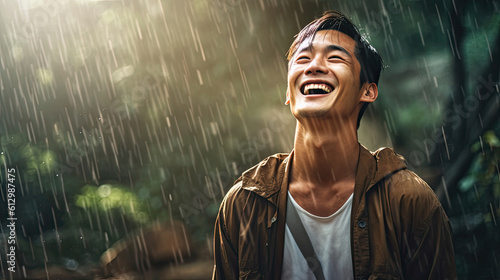 Image of positive young korean man smiling during rain in tropical forest. Cheerful male enjoying the rain outdoors. Generative AI