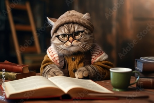 clever cat wearing glasses and engrossed in reading books, showcasing academic pursuits and a love for learning. Generative AI Technology.