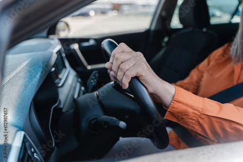 Close-up female driver hands on the steering wheel while driving car. © Maria Vitkovska