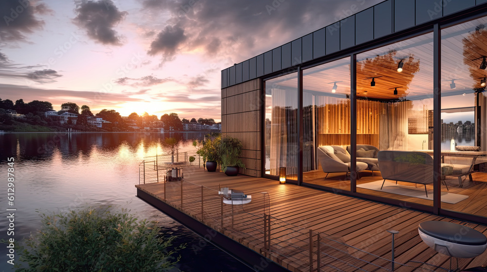 beautiful terrace of a modern penthouse, lake view