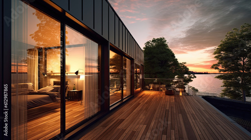 Fotografia beautiful terrace of a modern penthouse, lake view