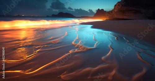 Long exposure night beach with bioluminescent waves.