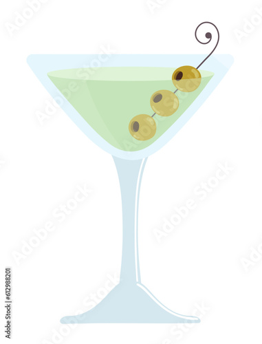 Dry Martini with green olives. Classic alcohol cocktail in the bar glass.