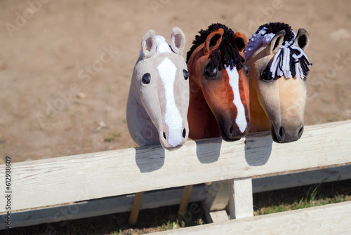 Fotografie Three hobby horses are waiting for the riders