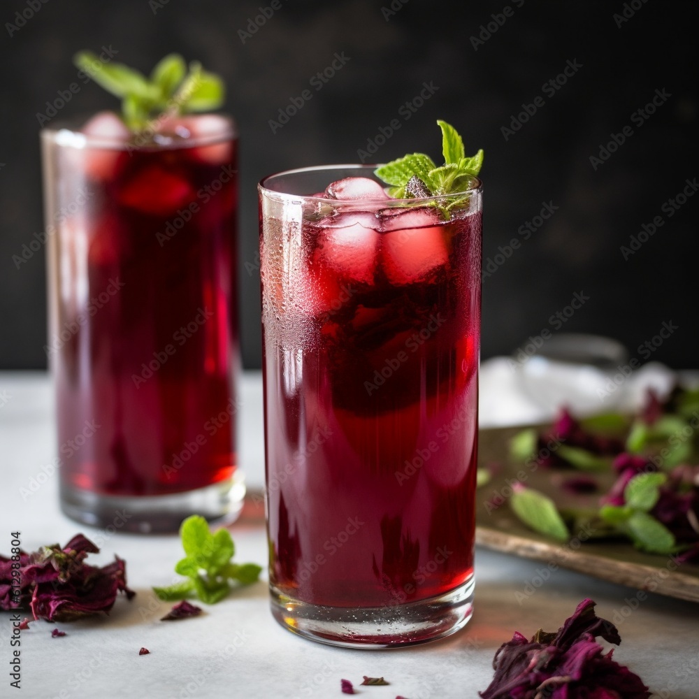 Tall glass of hibiscus drink with fresh mint garnish and hibiscus flowers Tall glass of hibiscus drink with fresh mint garnish and hibiscus flowers