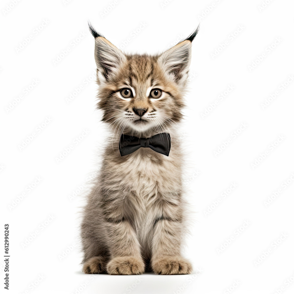 Adorable Cute Baby Lynx Wild Cat Animal in a Bow Tie Close Up Portrait