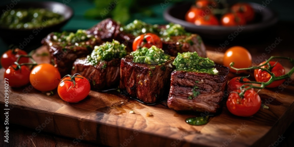 Grilled Short Ribs & Cherry Tomatoes with Chimichurri close-up   Generative AI Digital Illustration Part#140623 