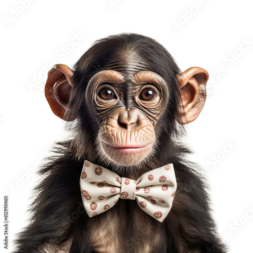 Adorable Cute Baby Chimpanzee Animal in a Bow Tie Close Up Portrait Generative AI on White Background