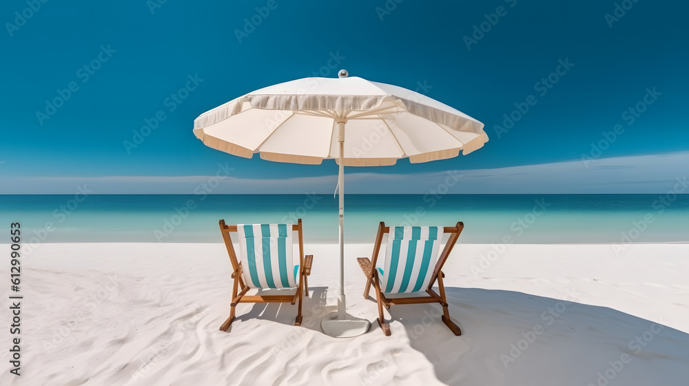 Φωτογραφία Beach chairs and an umbrella on a white sand beach.