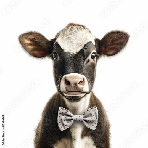Adorable Cute Baby Cow Calf Animal in a Bow Tie Close Up Portrait Generative AI on White Background