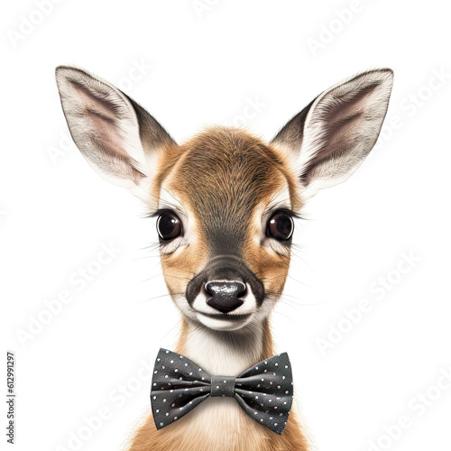 Adorable Cute Baby Deer fawn Animal in a Bow Tie Close Up Portrait Generative AI on White Background