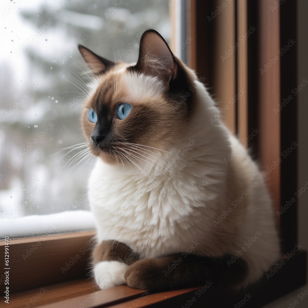 Cute Snowshoe Cat on Windowsill