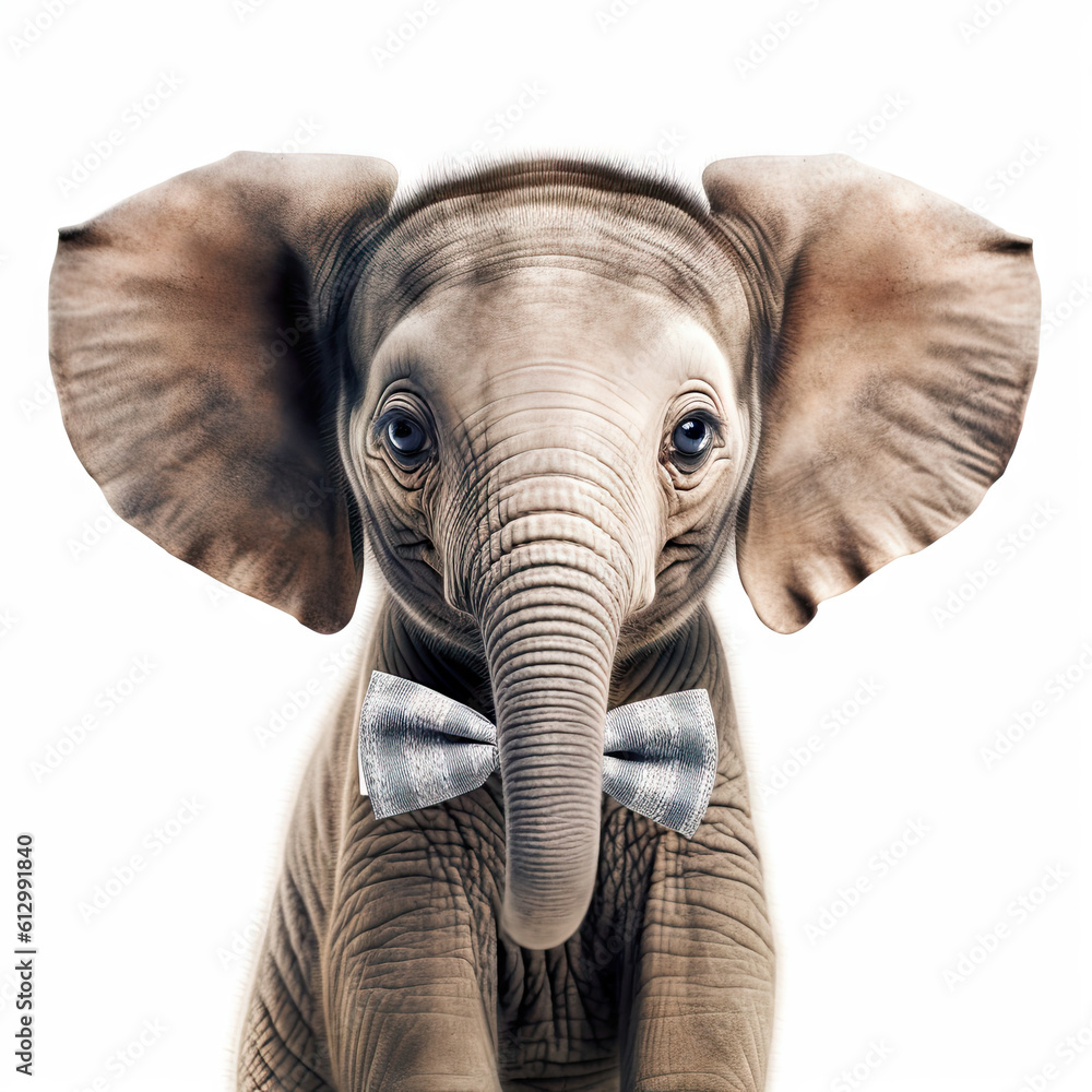 Fototapeta premium Adorable Cute Baby Elephant Animal in a Bow Tie Close Up Portrait Generative AI on White Background