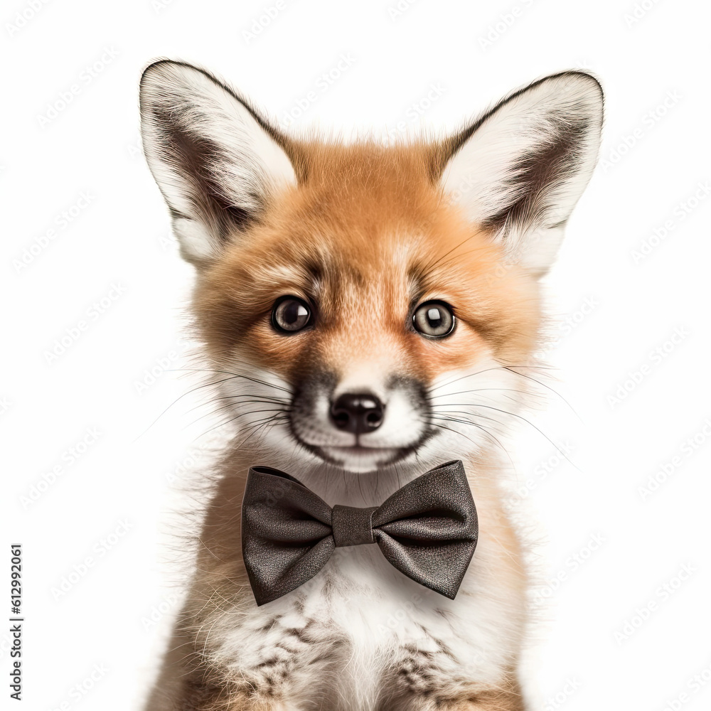 Adorable Cute Baby Fox Kit Pup Animal in a Bow Tie Close Up Portrait on White Background Nursery, Kid's, Children's room, pediatric office Digital Wall Print Art Generative AI Adorable Cute Baby Fox Kit Pup Animal in a Bow Tie Close Up Portrait on White Background Nursery, Kid's, Children's room, pediatric office Digital Wall Print Art Generative AI