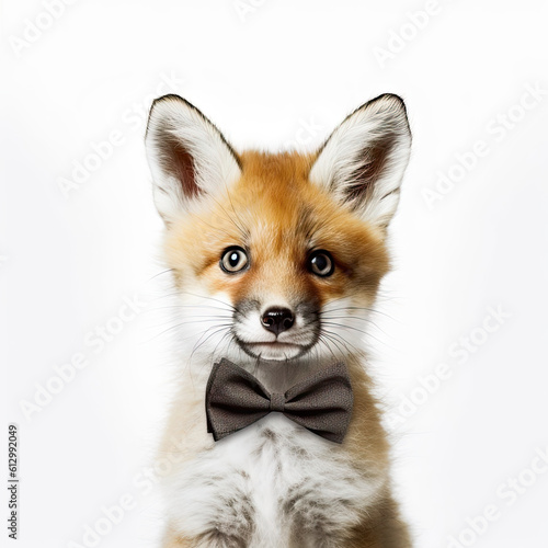 Adorable Cute Baby Fox Kit Pup Animal in a Bow Tie Close Up Portrait on White Background Nursery, Kid's, Children's room, pediatric office Digital Wall Print Art Generative AI